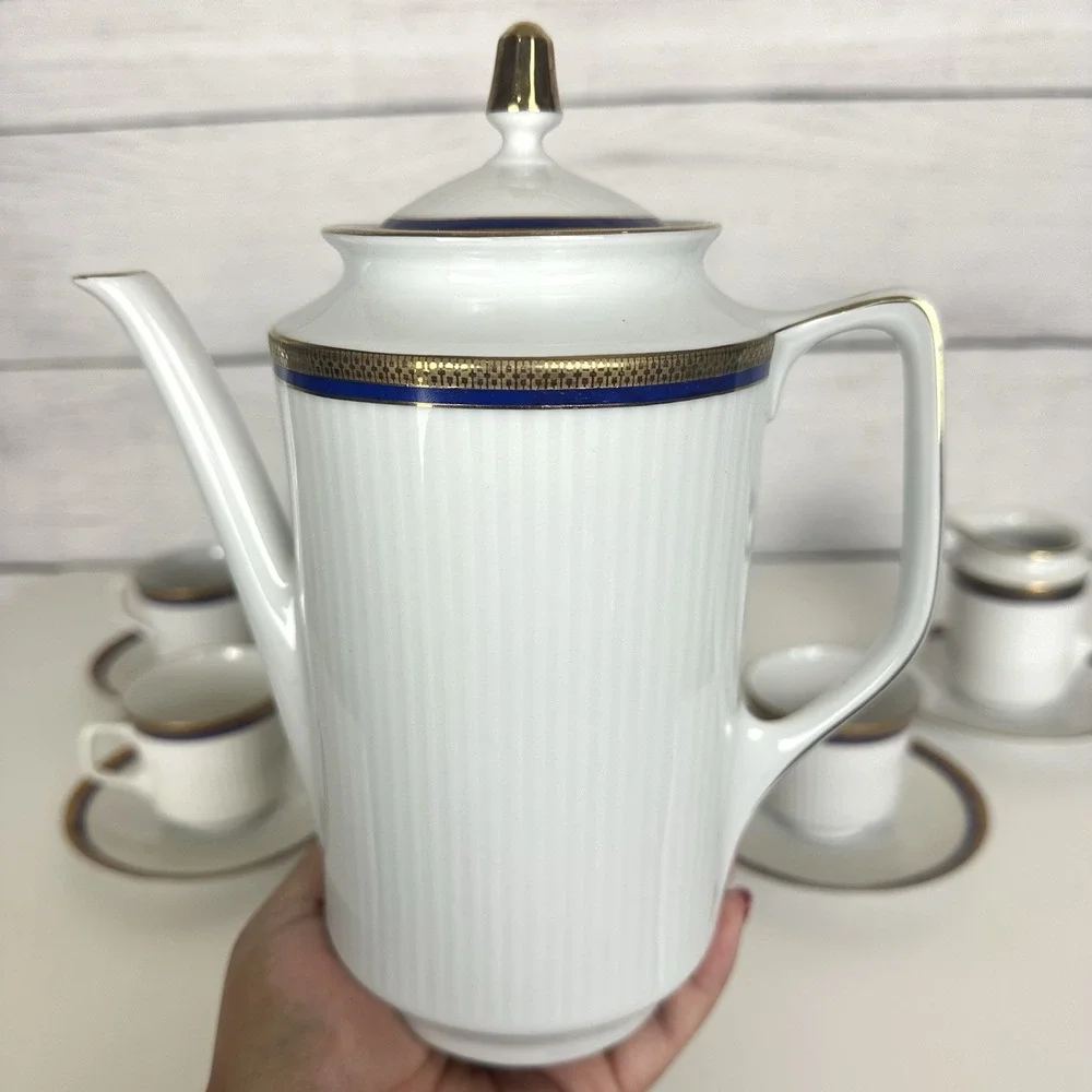 VTG Bareuther Bavaria Germany 100th Anniv. Coffee Set White Cobalt Gold 14 Piece